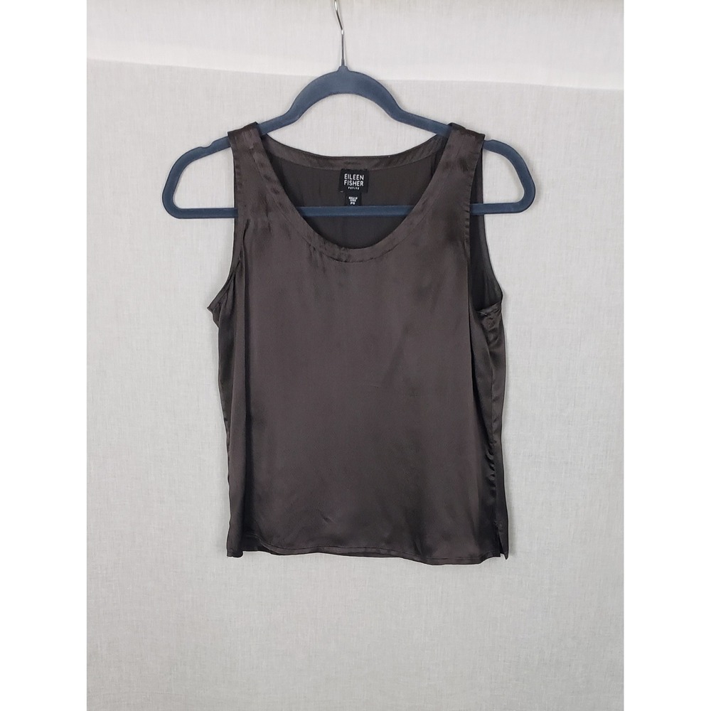 Eileen Fisher Petite 100% Silk Tank Top Dark Brown Satin PS Quiet Luxury Chic